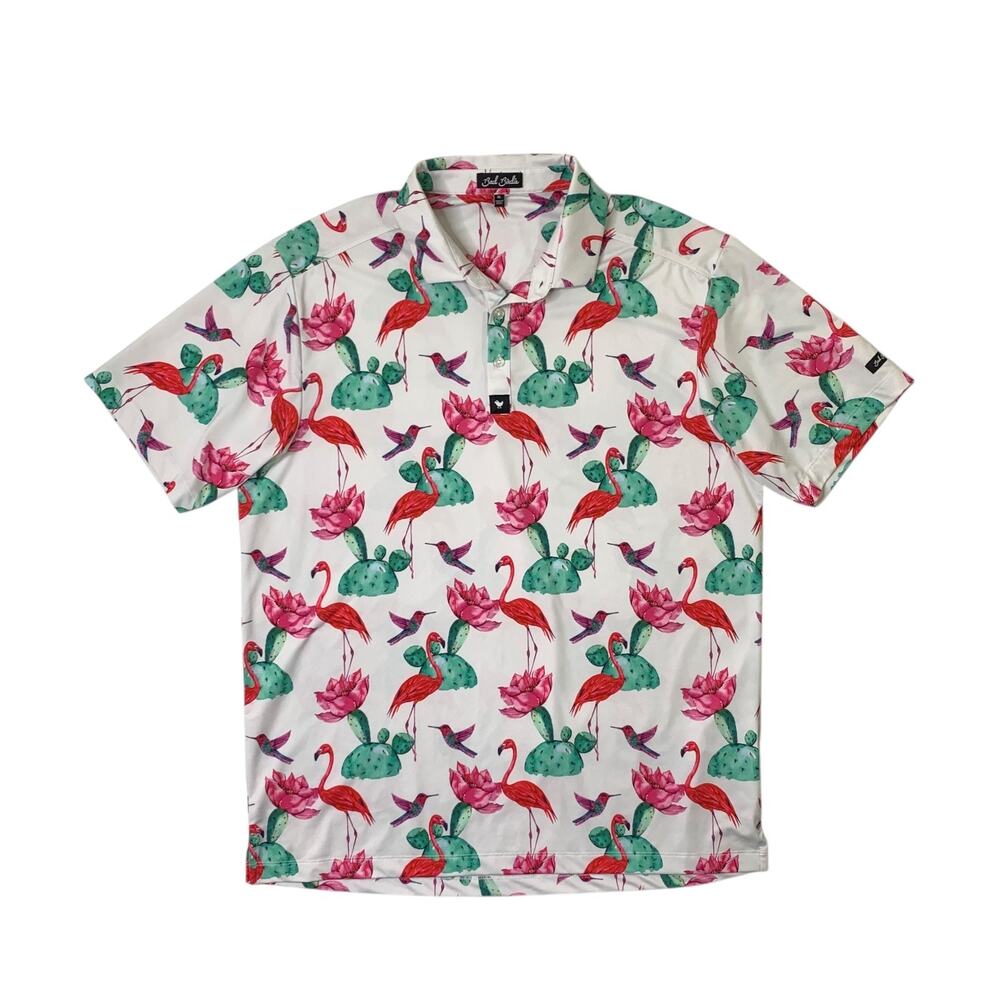 Bad Birdie Shirt Men XL Extra Large Flock With Me Polo Flamingos Golf Polo